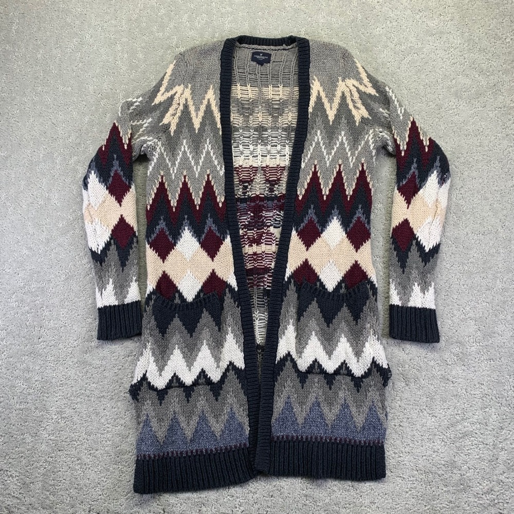 American Eagle Womens Cardian Sweater Size M Open Front Geometric Pattern Knit‎